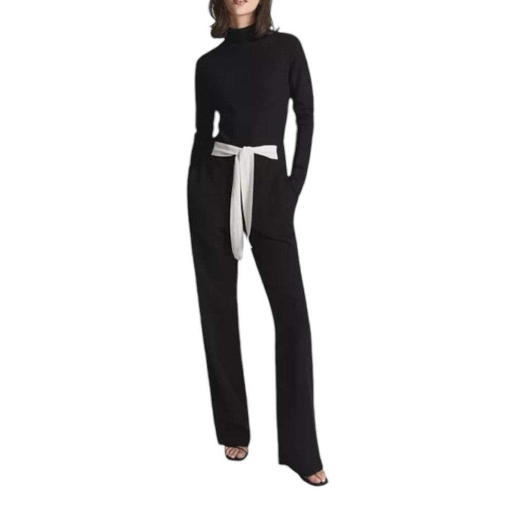Reiss Ada Open Back Knit Jumpsuit 12 Mock Neck Tie Waist Bow Black